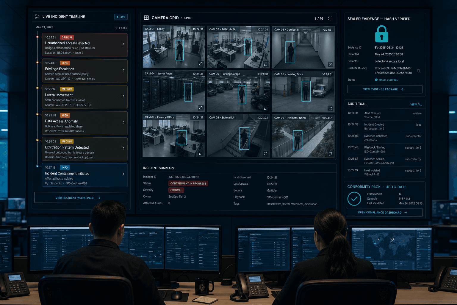 CamCore control room: live incident timeline, annotated camera grid, sealed evidence with hash verification, and audit trail