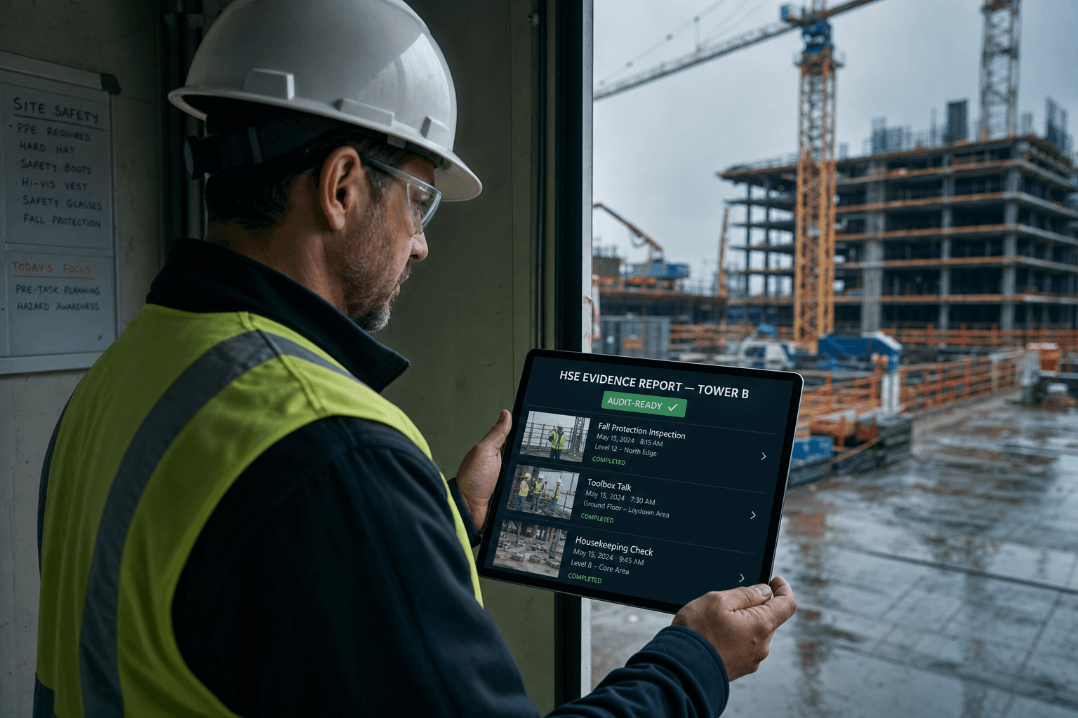 HSE supervisor reviewing an audit-ready evidence report on a tablet at the jobsite
