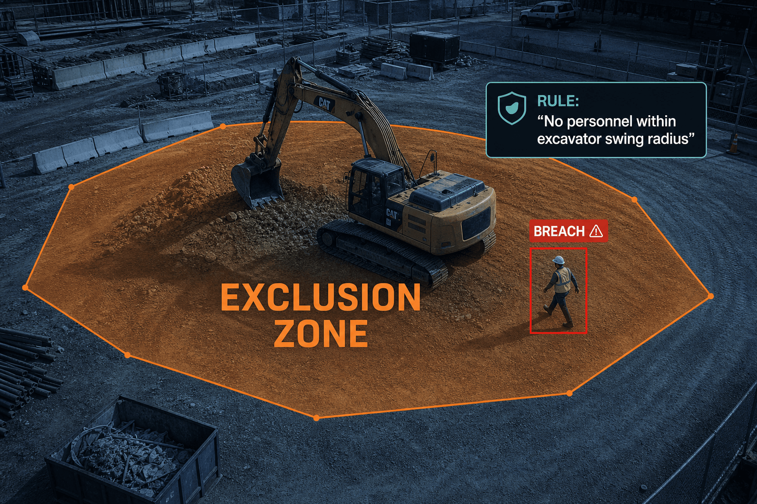 Construction site with exclusion zone detection overlays