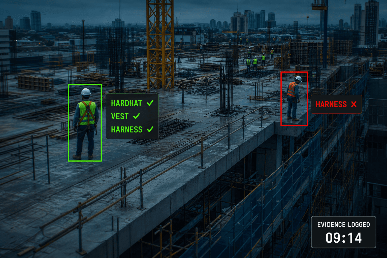 Jobsite camera view verifying hardhat, vest, and harness compliance, with a missing-harness violation flagged near an edge