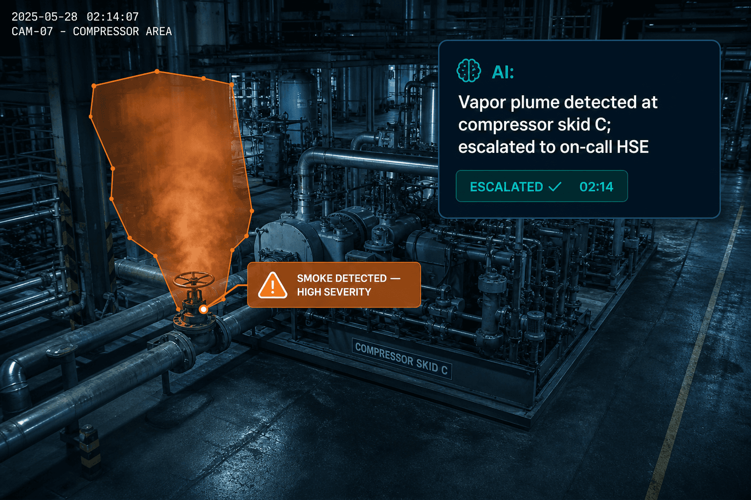 Smoke detected at a compressor skid with an AI narrative and escalation to on-call HSE
