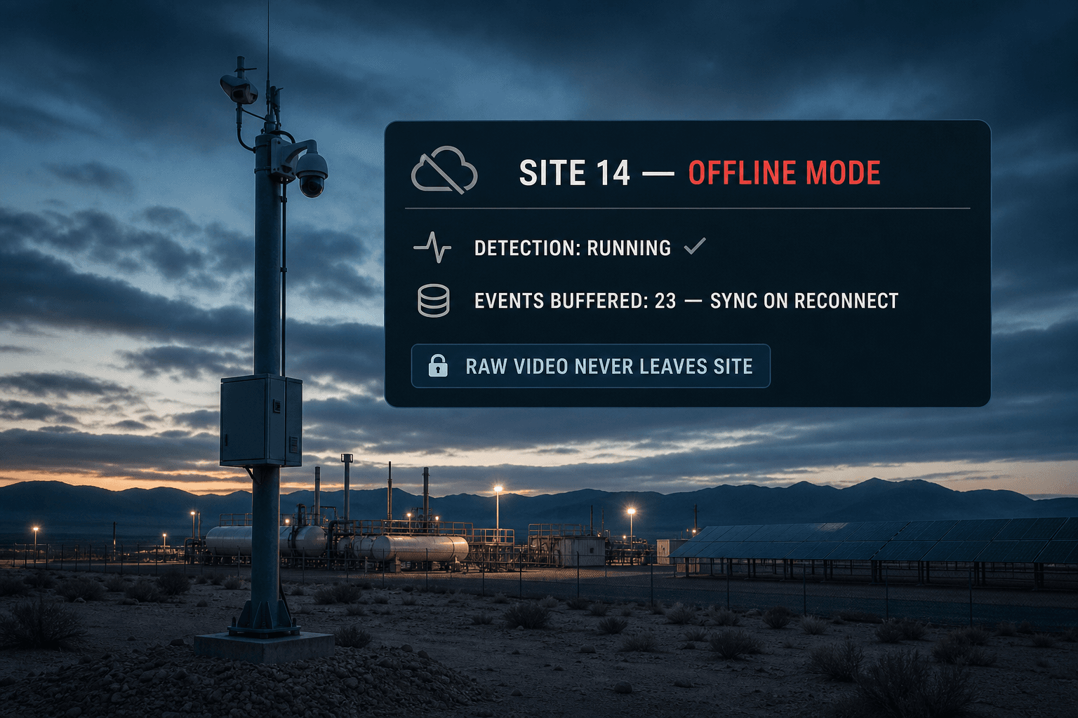 Remote energy site operating in offline mode with detection running and events buffered for sync