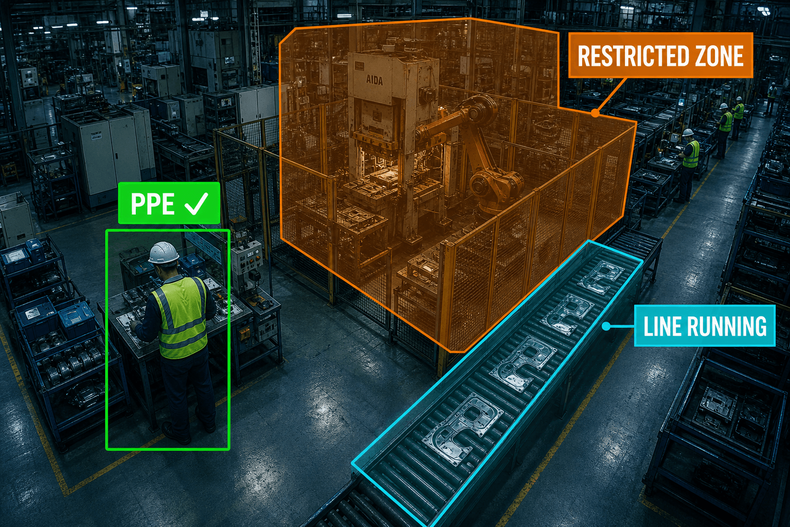 Manufacturing plant floor with PPE and zone detection overlays