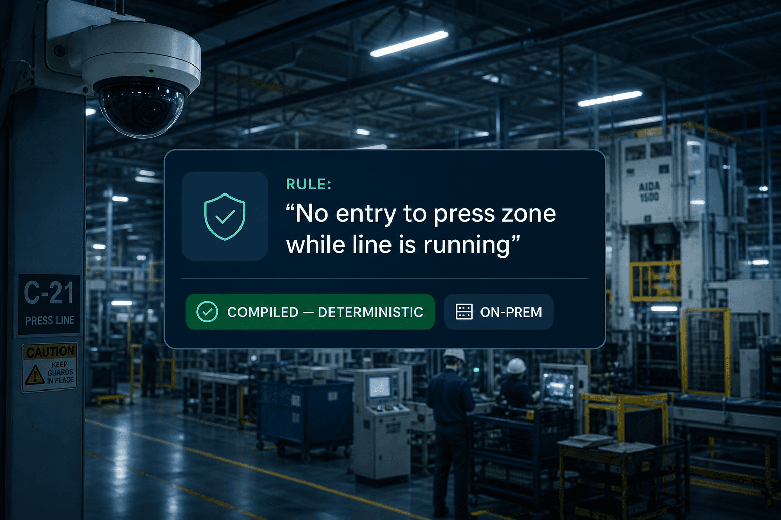Plain-English rule compiled into a deterministic on-prem rule over a plant-floor camera view