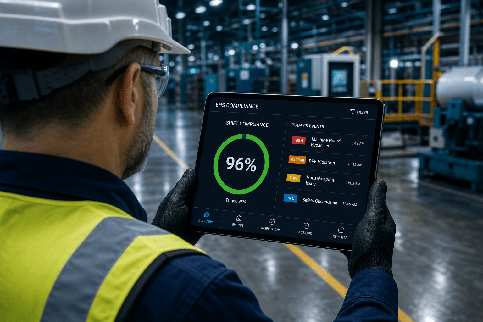 EHS manager reviewing a shift compliance dashboard on a tablet on the factory floor