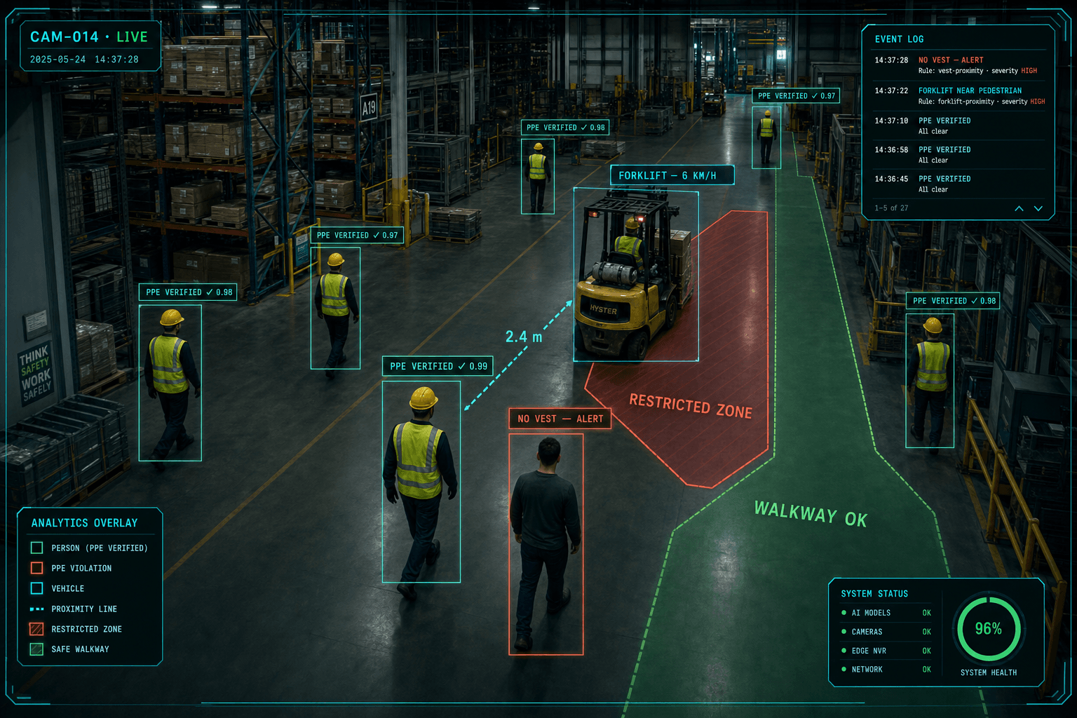 Live camera view annotated by Camnitive: PPE verification, restricted-zone and walkway polygons, forklift proximity distance, and a real-time event log