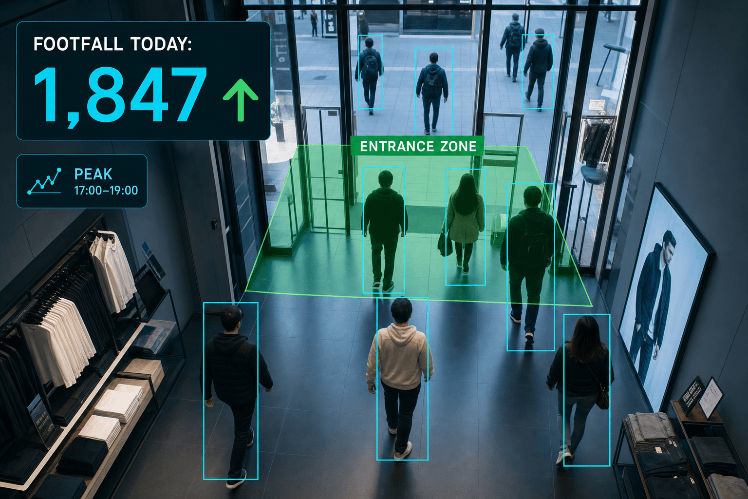 Retail store with footfall and queue analytics overlays