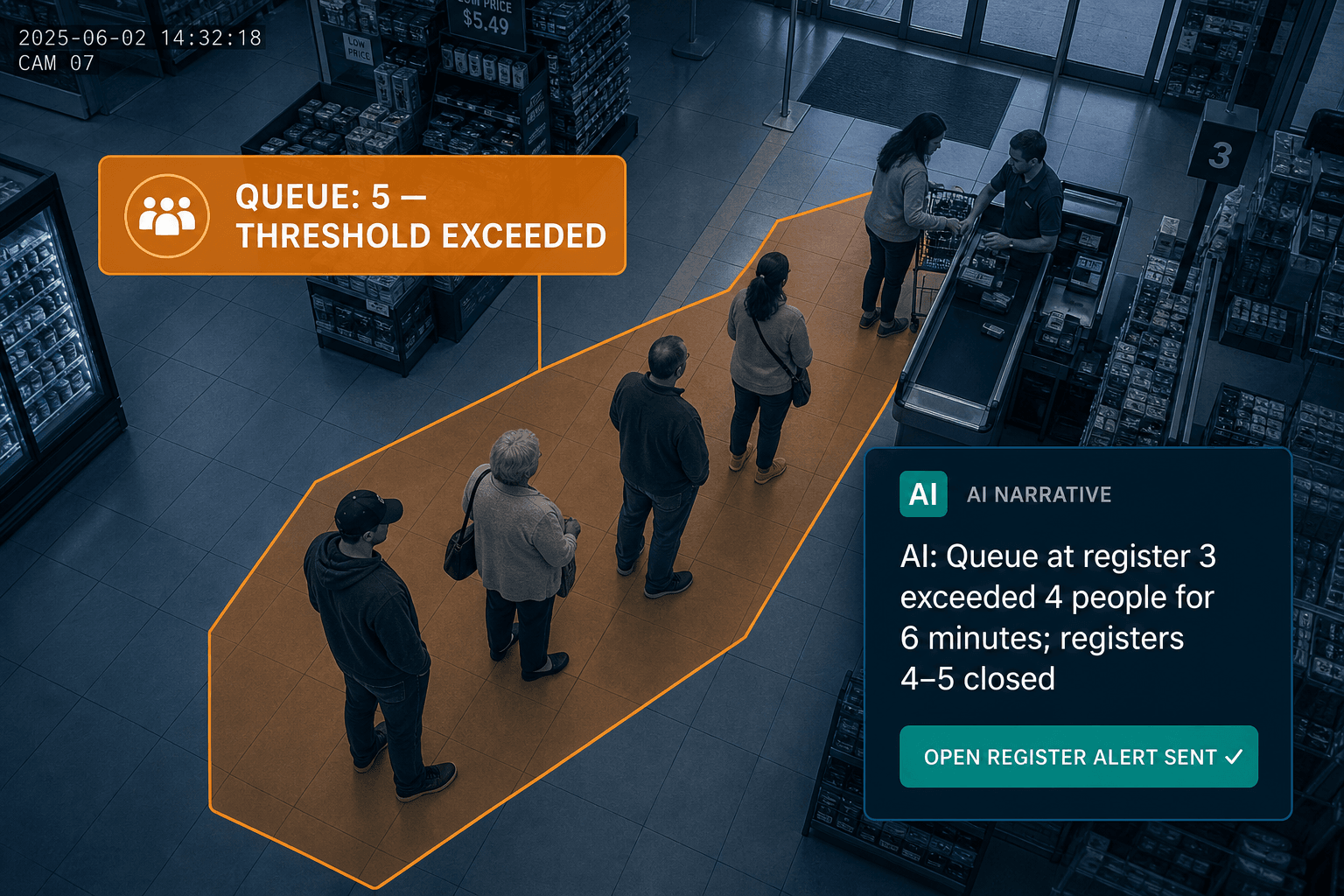 Checkout queue threshold alert with an AI narrative recommending opening another register