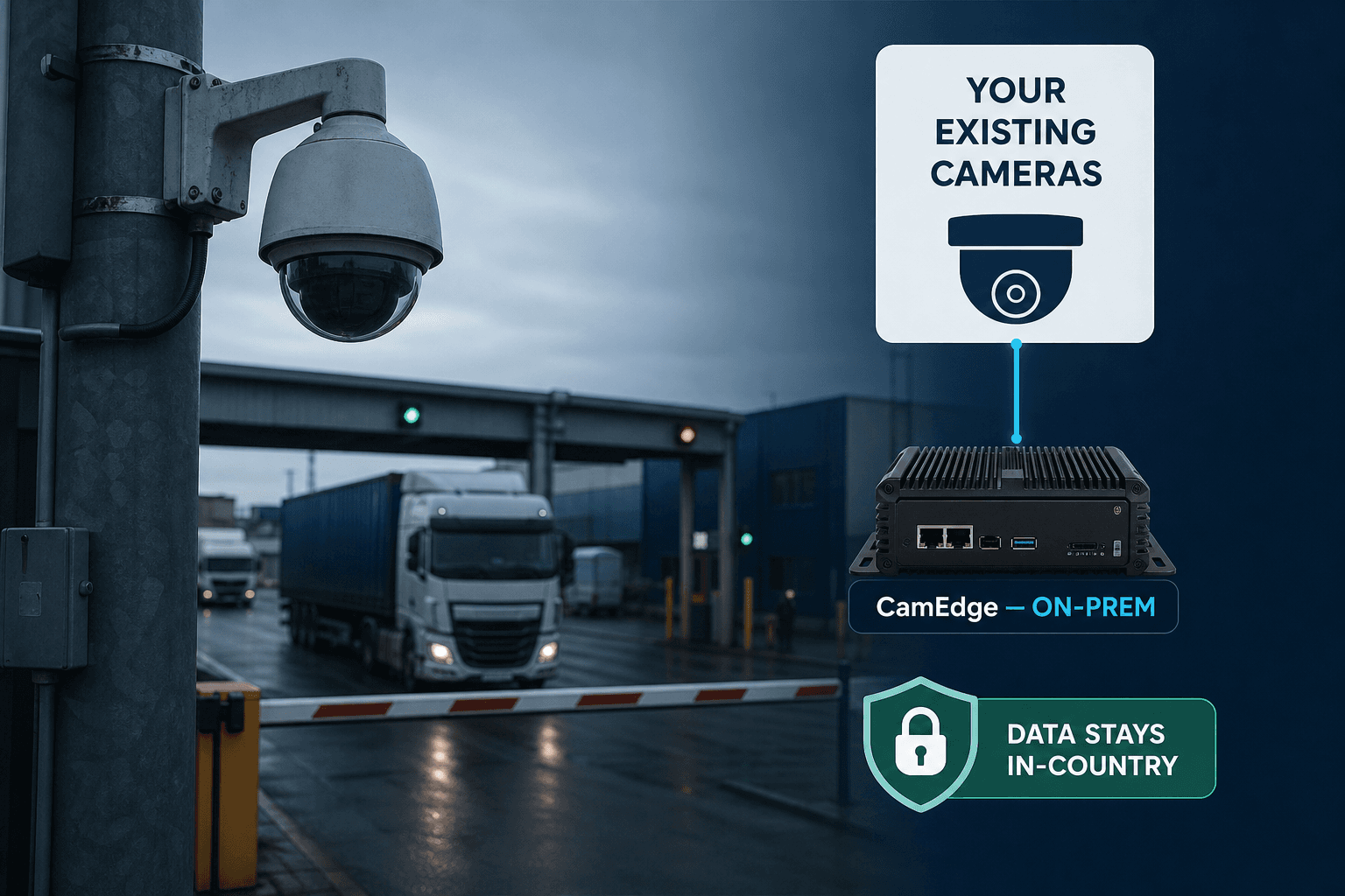 Existing depot gate camera connected to an on-prem CamEdge box, with data staying in-country