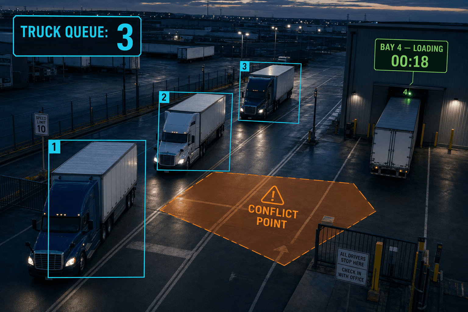Fleet yard with vehicle and driver detection overlays
