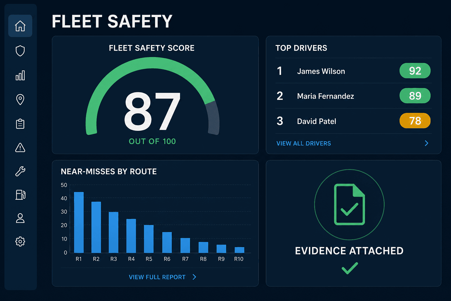 Fleet safety dashboard with overall safety score, driver ranking, and near-misses by route trending down