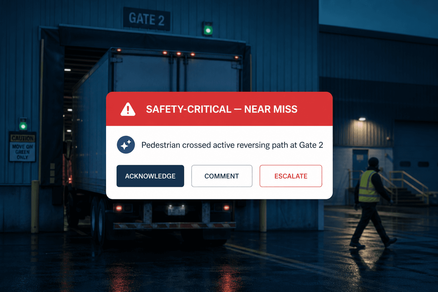 Safety-critical near-miss alert at a loading dock with AI narrative and acknowledge, comment, and escalate actions