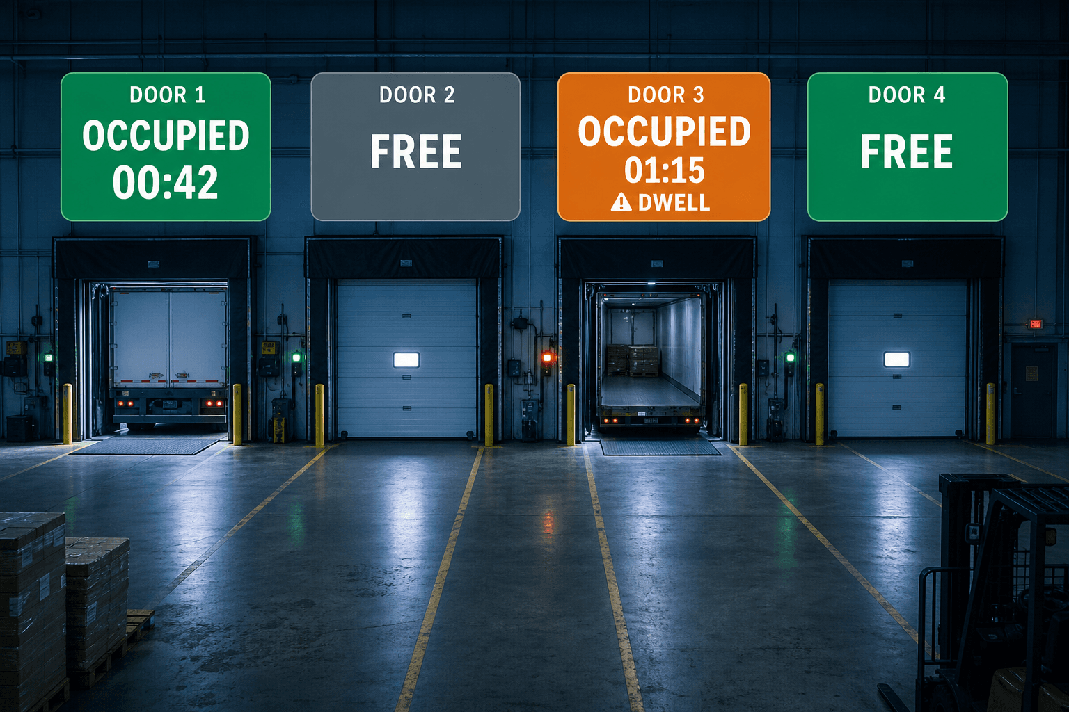 Loading dock doors with live occupancy and dwell-time status per door