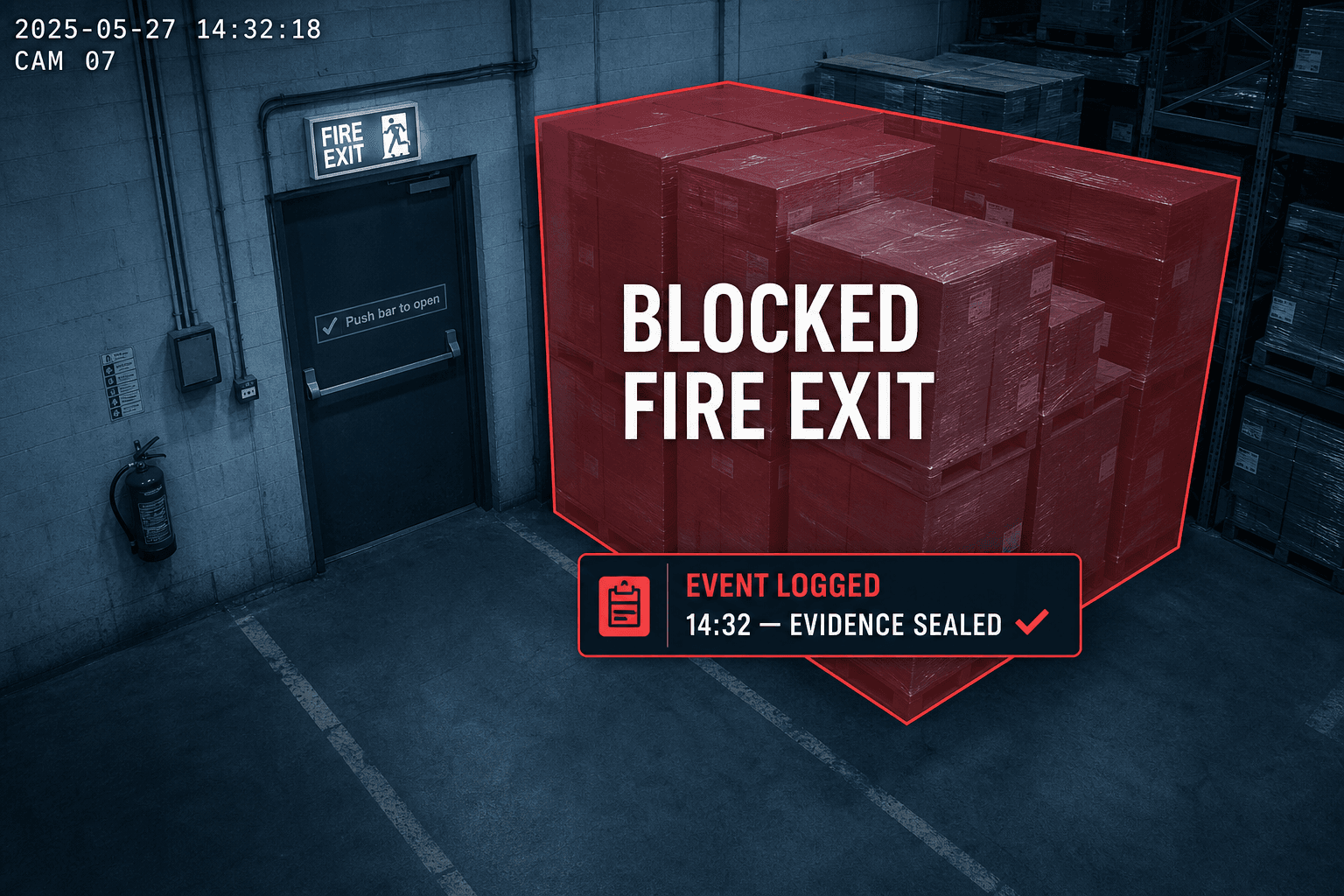 Blocked fire exit detected on camera and logged as sealed evidence