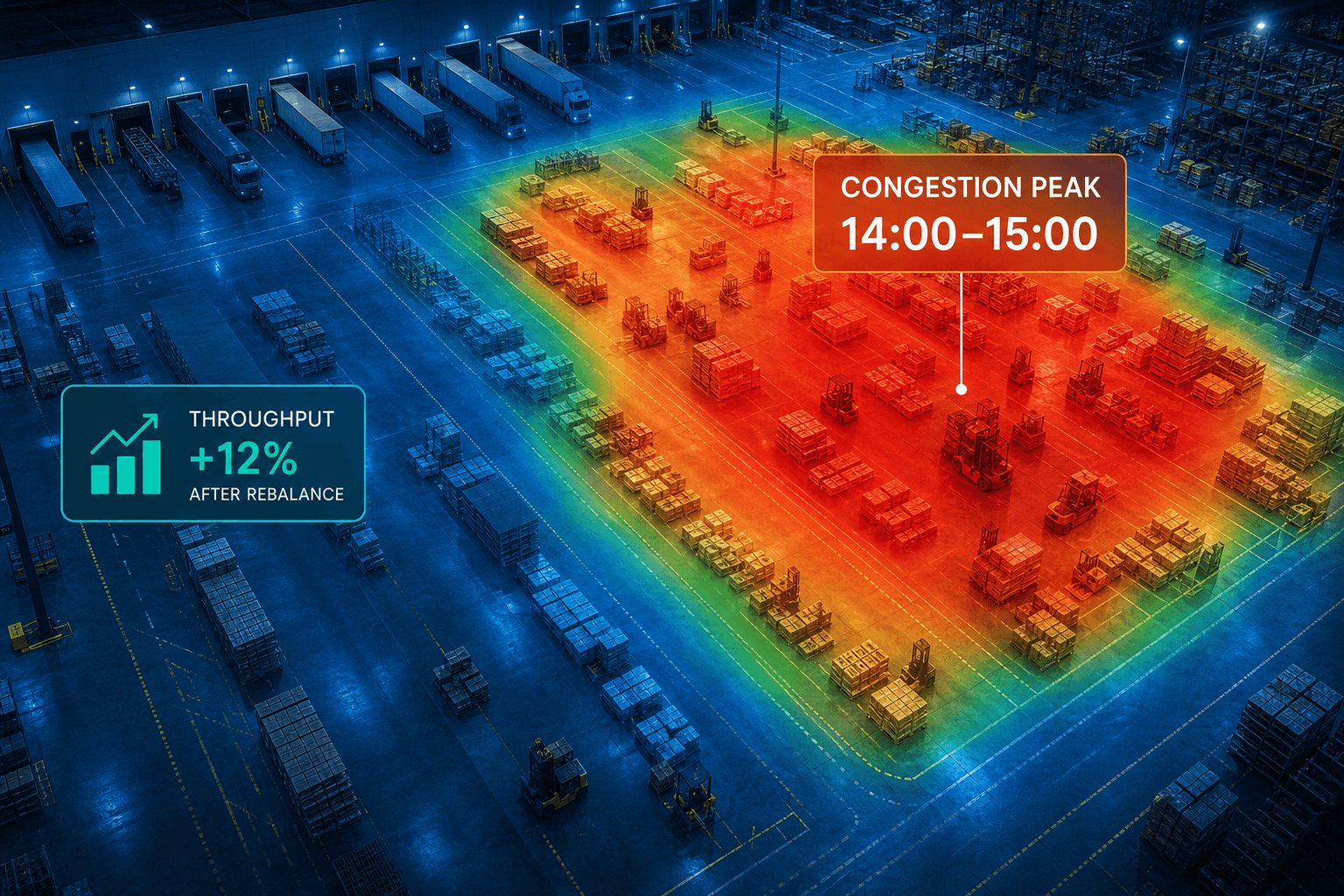 Congestion heatmap over a dispatch and staging area with a throughput improvement callout
