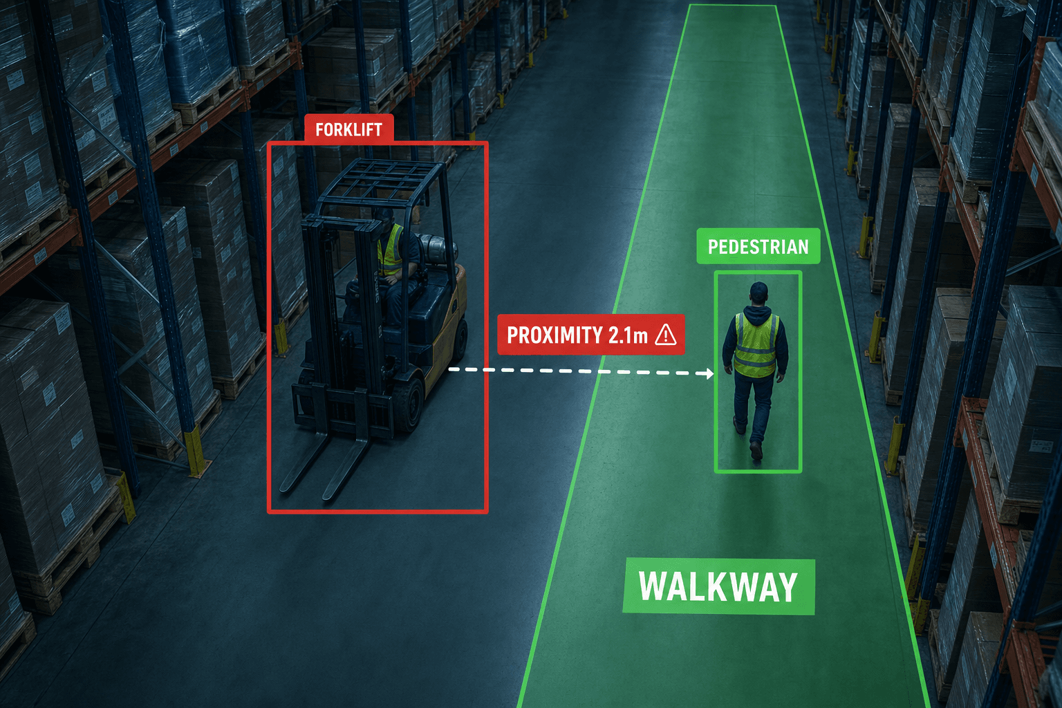 Warehouse aisle with forklift-to-person proximity detection overlays