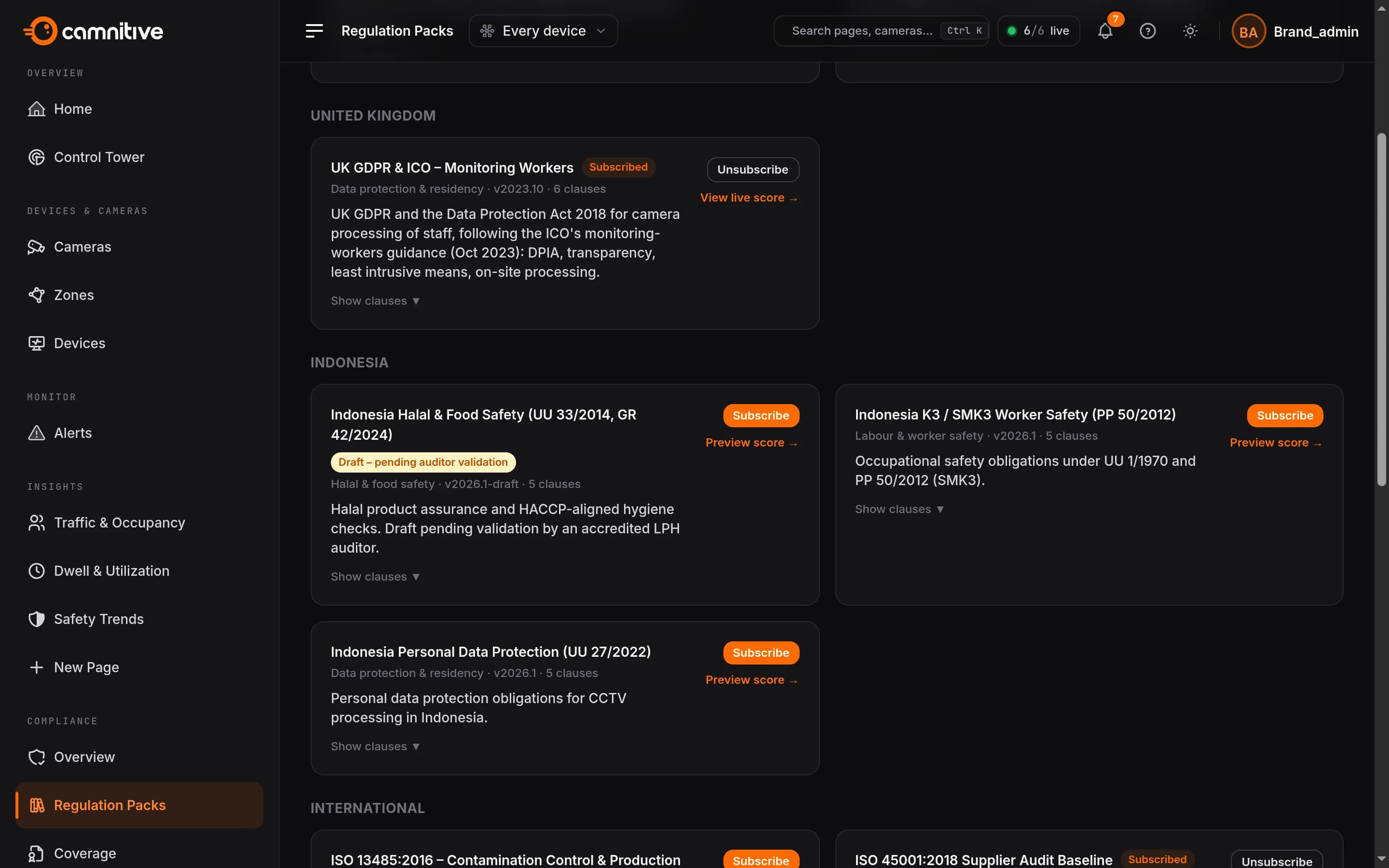FloFusion Regulation Packs by region: the UK GDPR monitoring-workers pack subscribed, the Indonesian packs with the Halal pack marked as a draft pending auditor validation, and the international packs below, each with its version and clause count