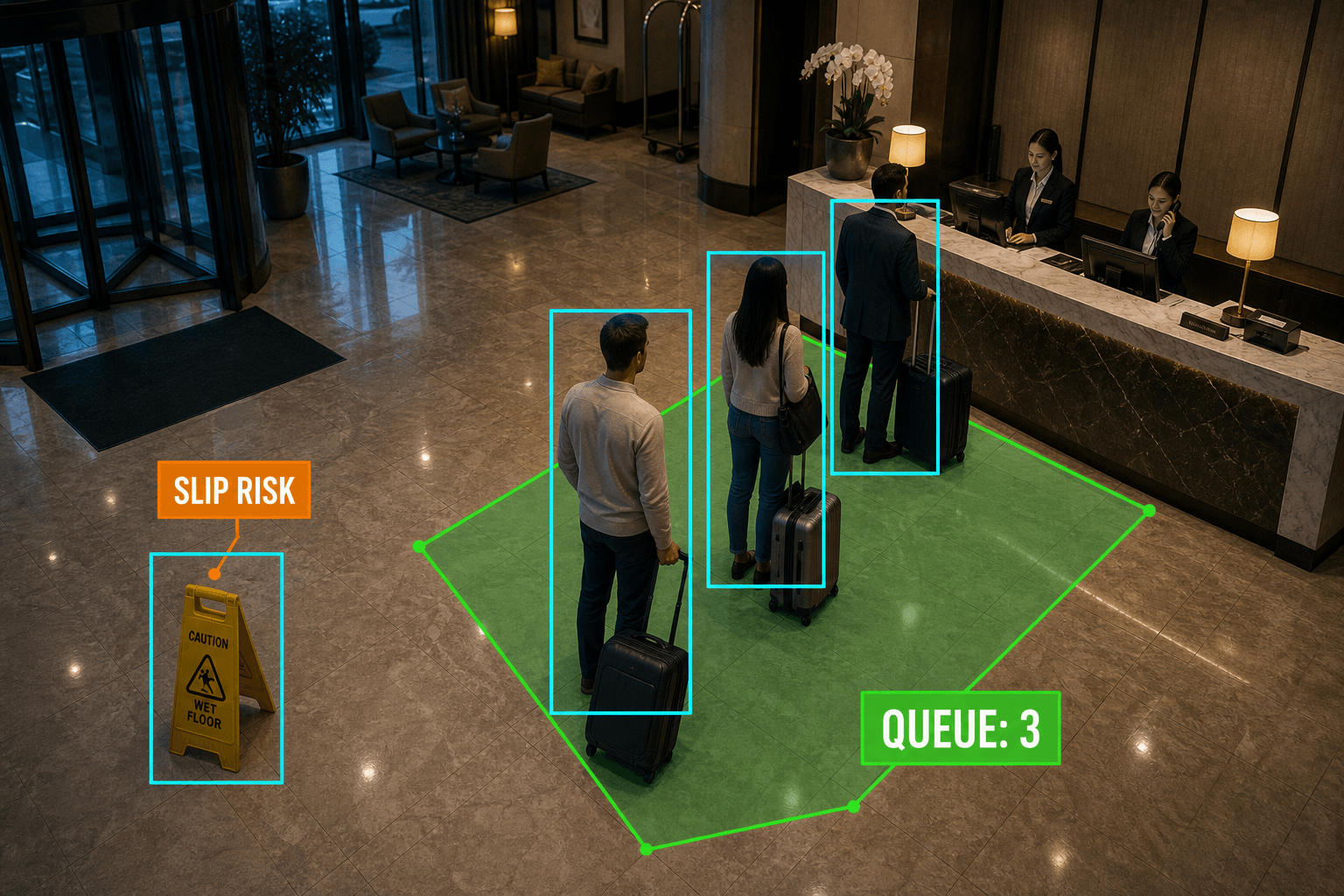 Hospitality scene with Camnitive detection overlays