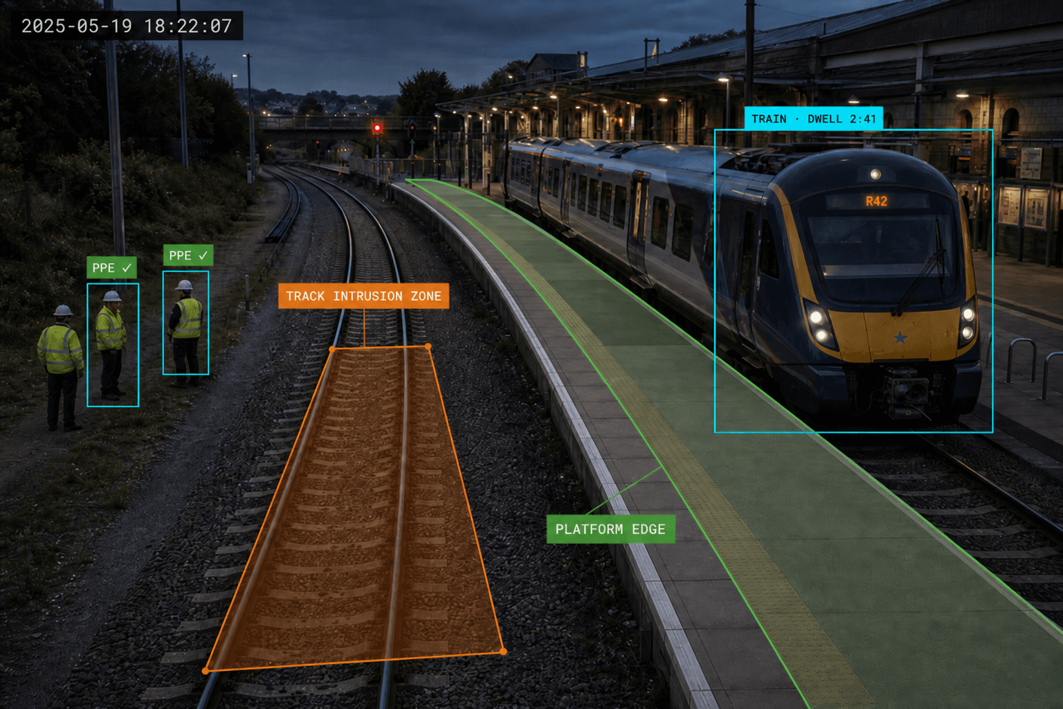 Railways & Public Transit scene with Camnitive detection overlays