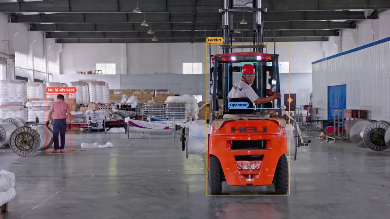 A warehouse coil store seen by FloFrame: a forklift, its operator and a pedestrian tracked; the pedestrian without a hi-vis vest and too close to the forklift is boxed in red